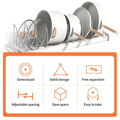 Expandable Pan Organizer, Pots and Pans Organizer with 12 Adjustable Shelves, Multifunctional Lid Organizer for Kitchen Cabinets, Stainless Steel Pan Rack Lid Holder, White