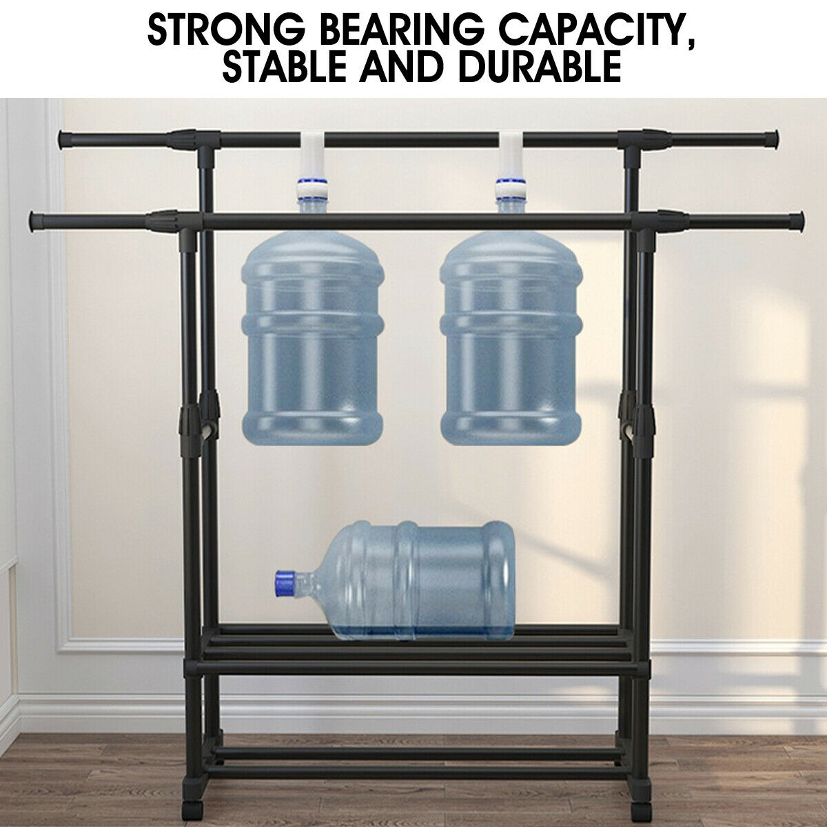 3 Tiers Double rails Hanging Garment rack on Wheels with Bottom Shelves for Shoes, Black