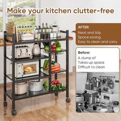 CATGOOD Kitchen Metal Shelf with 3 Baskets, 4 Tiers Multi-Functional Shelf with Wheels, Multi-Layer Mobile Kitchen Shelf Free Standing, Suitable for Kitchen, Bedroom, Living Room, and Balcony, Black