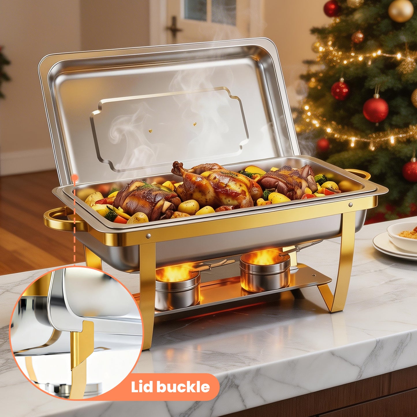Chafing Dish Buffet Set 4 Pack, 9 QT Rectangular Semi-Gold-Plated Stainless Steel Chafing Dish Set, Buffet Warmer for Hotel Catering, Parties, Weddings, Gold