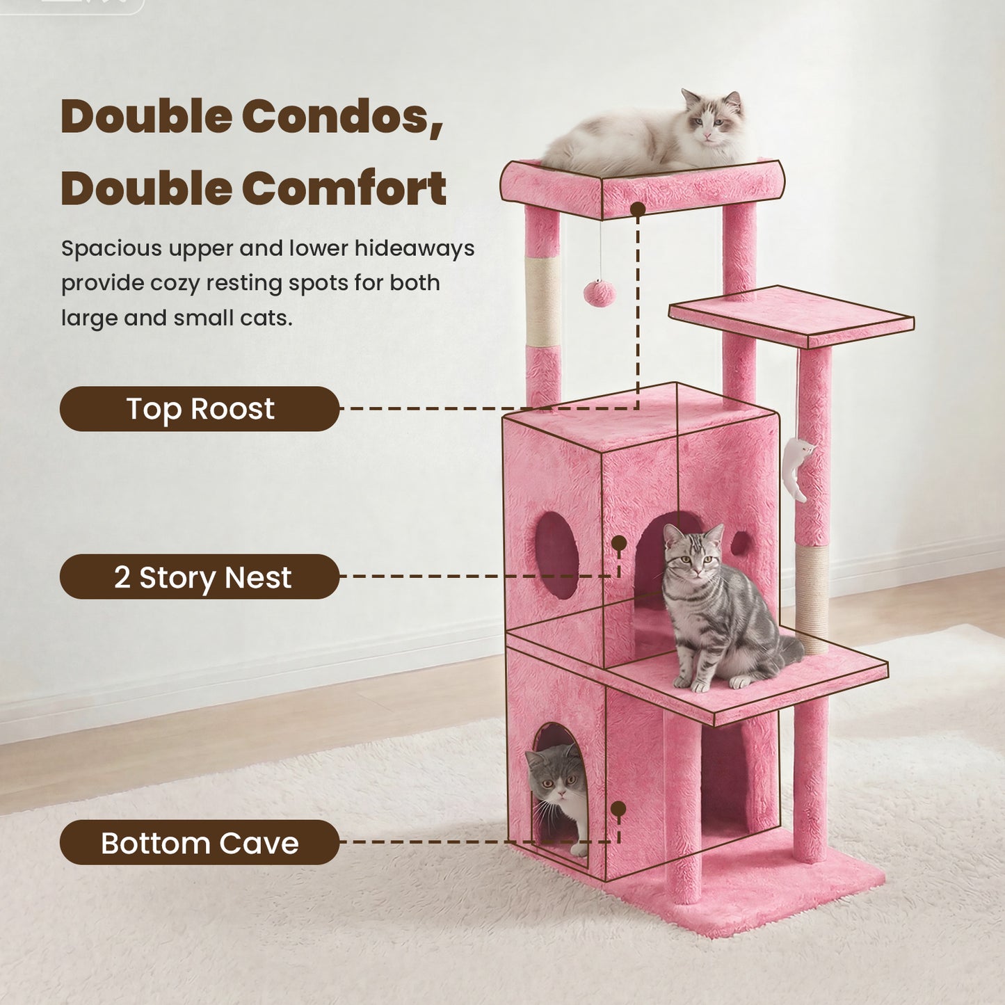 50-inch Pink Cat Tree Tower, Multi-Level Cat Stand with Sisal Scratching Posts & Balls for Playing