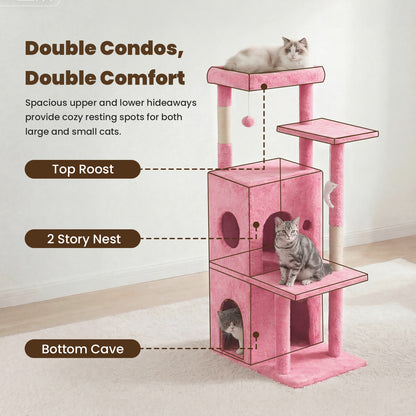 50-inch Pink Cat Tree Tower, Multi-Level Cat Stand with Sisal Scratching Posts & Balls for Playing