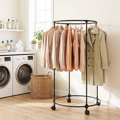 Clothes Rack, Rolling Round Garment Rack with 4 Universal Wheels and Shelf, Floor-Standing Clothes Hanging Rack for Bedroom, Black