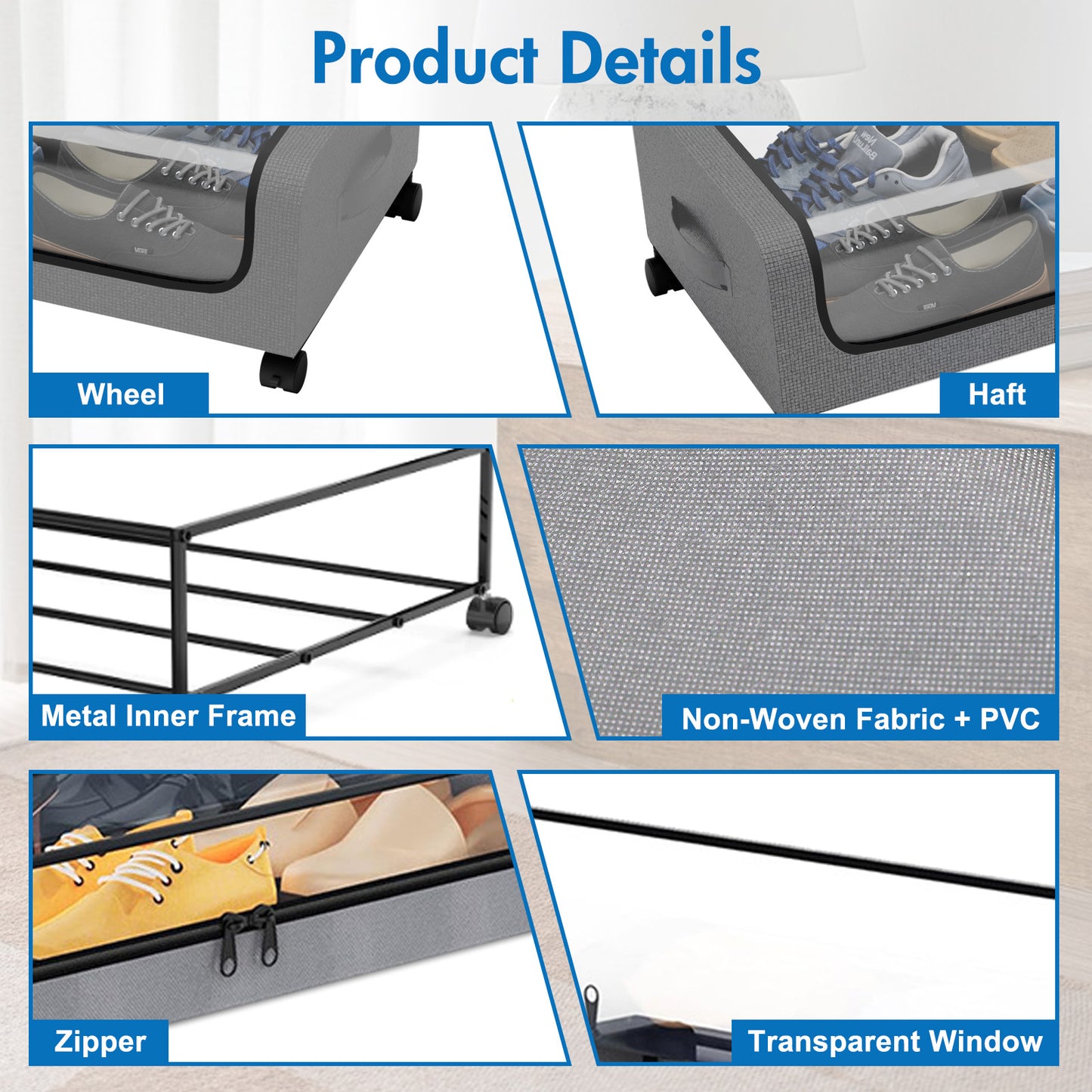 Under Bed Storage with Wheels, 2 Pack Under Bed Storage Containers, Under Bed Shoe Storage Organizer, Rolling Under Bed Metal Drawer for Clothes, Gray
