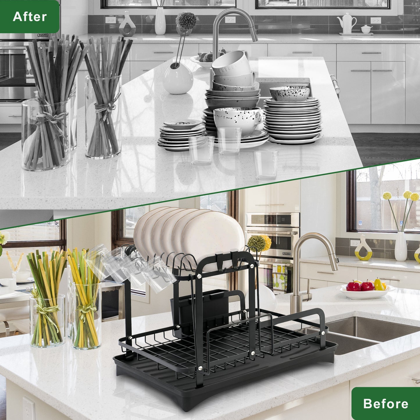 2-Tier Dish Rack for Kitchen, Dish Drying Rack with Drain Board Tray, Compact Dishing Rack with Utensil Holder, Cutting Board Holder, Kitchen Dishes Storage and Organizers