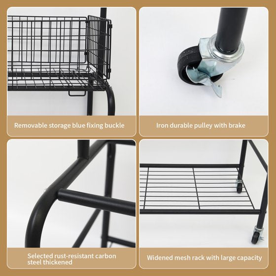 ALSO GO Rolling Laundry Cart with Clothes Rack, Multifunctional Laundry Butler with Basket, Hamper Cart with Lockable Wheels, Black