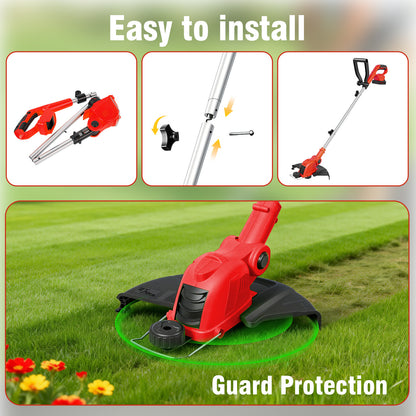 CATGOOD Cordless Weed Wacker, 12 Inch Electric String Trimmer with 10 lines and 2 Batteries, 3-in-1 Lawn Edger with Pivoting Head, Red