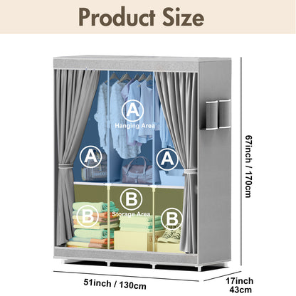 Portable Closet Organizer and Storage with 3 Hanging Rods for Hanging Clothes, 6 Wardrobe Closet Storage Shelves for Bedroom, Easy to Assemble, Grey