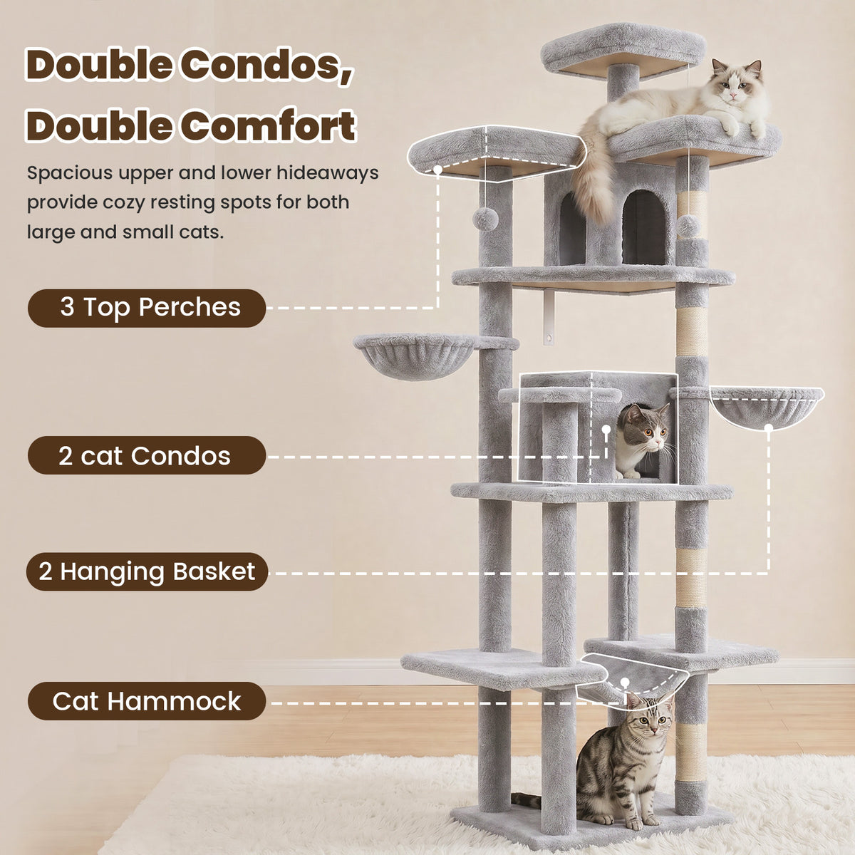80" Cat Tree, Big Cat Tower for Multiple Adult Cats, Multi-Level Tall Cat Tree with 3 Platforms, 2 Condos, 2 Hanging Basket, Hammock and Scratching Frame for Indoor Kitties, Light Gray