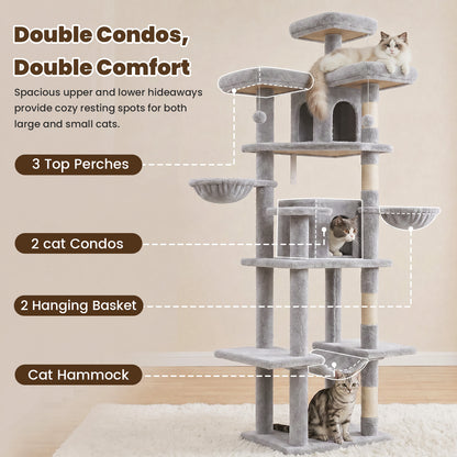 80" Cat Tree, Big Cat Tower for Multiple Adult Cats, Multi-Level Tall Cat Tree with 3 Platforms, 2 Condos, 2 Hanging Basket, Hammock and Scratching Frame for Indoor Kitties, Light Gray