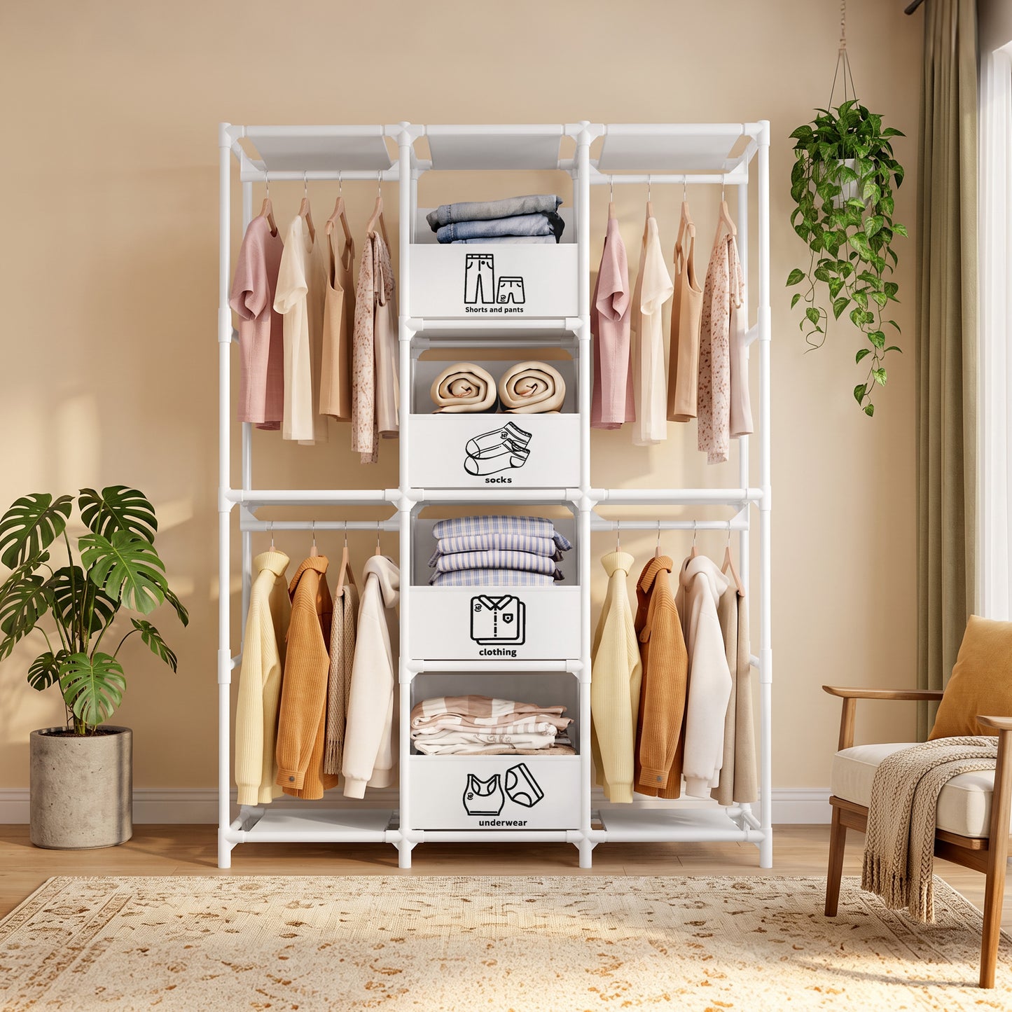 Portable Closet, Wardrobe Closet for Hanging Clothes with 4 Storage Drawers, Freestanding Closet Organizers and Storage for Bedroom, White