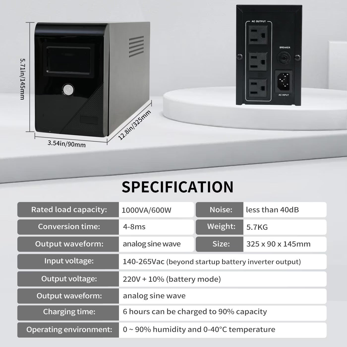 CATGOOD Backup UPS Power Supply 1000VA 600W Battery Backup Power with 3 Outlets and LCD Display, Suitable for Home and Office