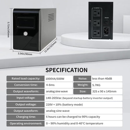 CATGOOD Backup UPS Power Supply 1000VA 600W Battery Backup Power with 3 Outlets and LCD Display, Suitable for Home and Office