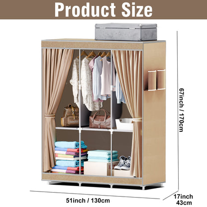 Non-Woven Fabric Closet Organizers and Storage with Cover, Portable Wardrobe Closet Storage, Dustproof Clothing Rack Shelf, Beige