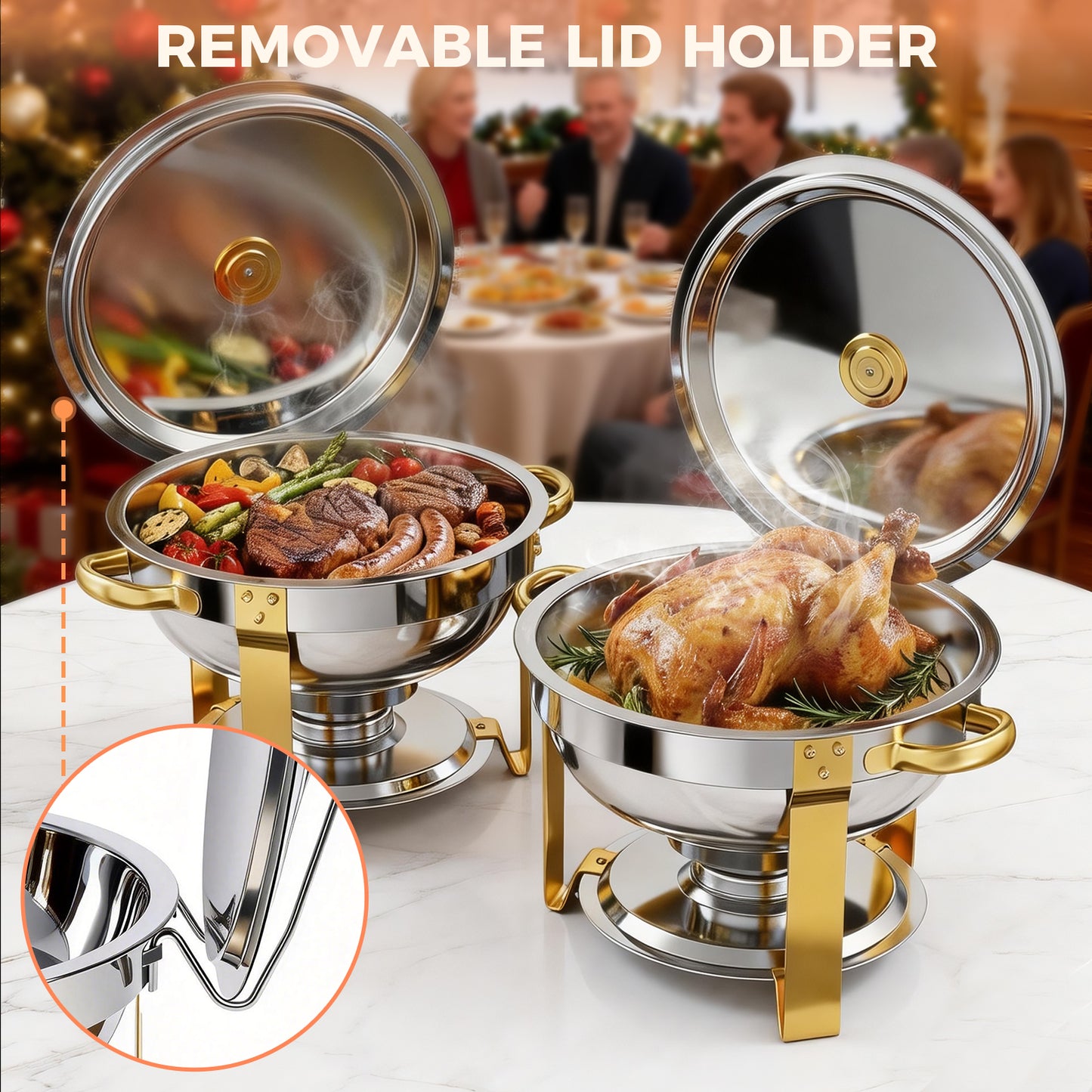Chafing Dish Buffet Set with 2 Food Tongs,5.3 QT Stainless Steel Chafing Dishes Round Buffet Food Warmer Chafers Set for Parties Catering Event, Lid Holder 2PCS