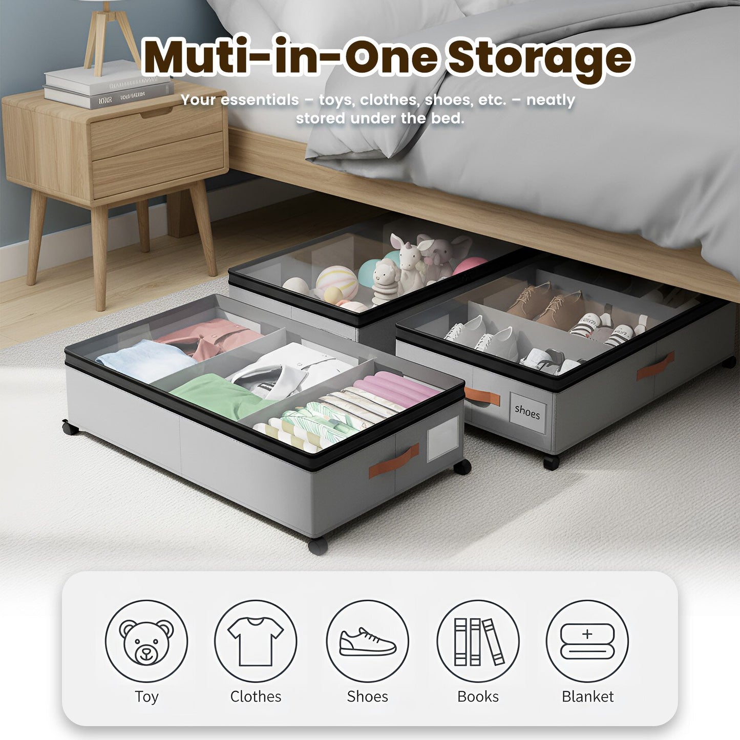 Under Bed Storage with Wheels, 2 Packs Large Underbed Organizer with Lid, 10'' Adjustable Height Shoes Containers Clothes Rolling Bin for Bedroom Dorm, Gray