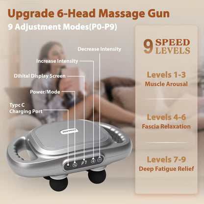 Massage Gun, 6 Head Electric Massage Guns with 3 Sets Massage Heads & 9 Modes, Gun Tool for Legs, Arms, Waist, Back, Buttocks, Relax Full Body Muscle, Gifts for Friends, Parents