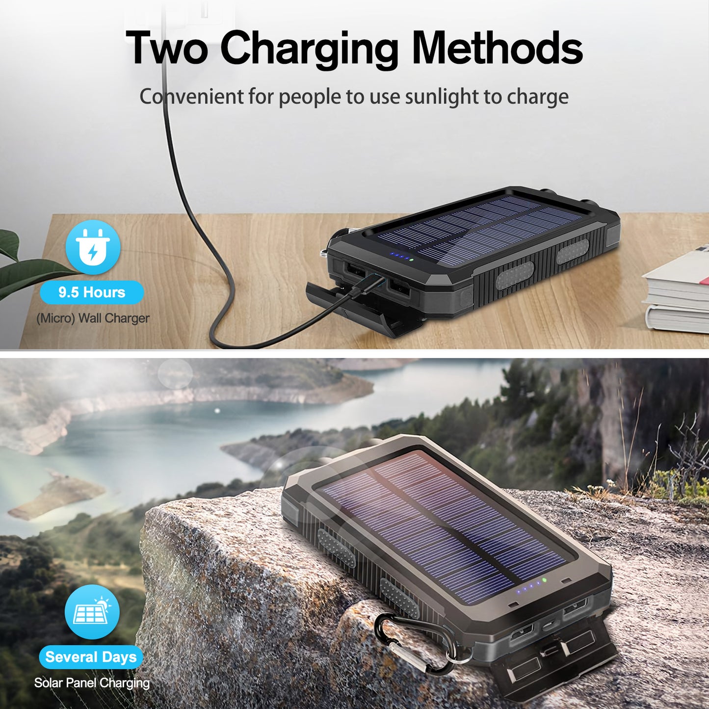 2PK BAOKALER 30000mAh Solar Charger for Cell Phone iPhone, Portable Solar Power Bank with Dual 5V USB Ports, 2 Led Light Flashlight, Compass Battery Pack for Outdoor Camping Hiking(Black)