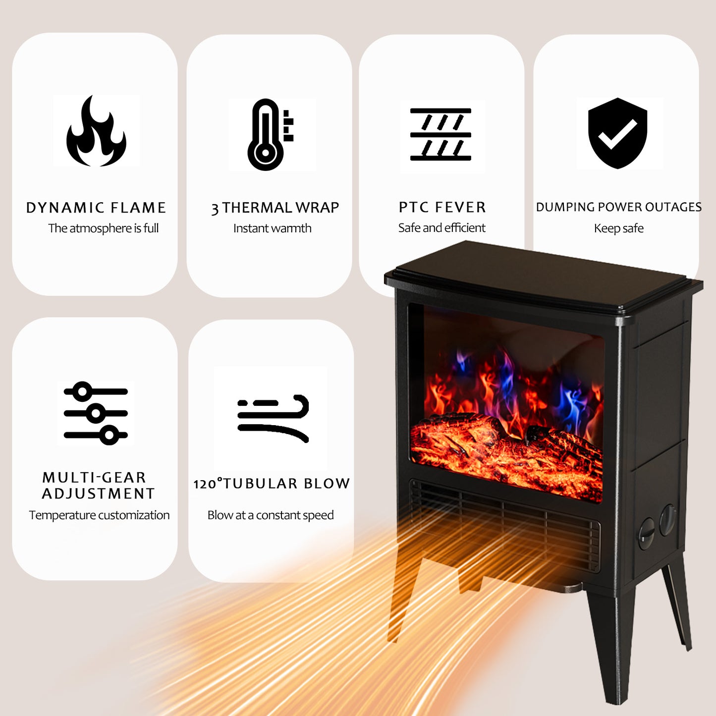 1500W Electric Fireplace Heater with 3D Realistic Flame Effect, Overheat Safety Design, Adjustable Heating Modes, Suitable for Small Spaces