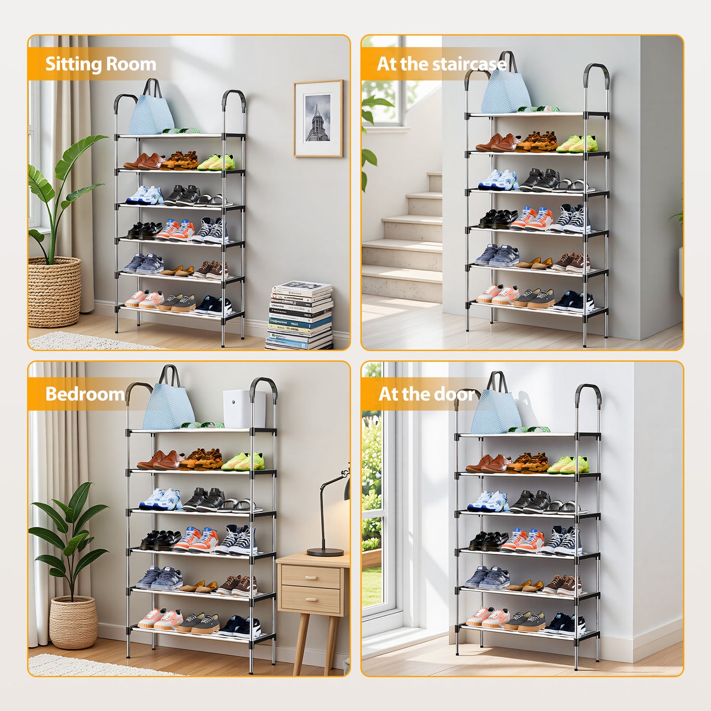 6-Tier Metal Shoe Rack Organizer for Entryway, Multifunctional Shoe Storage Shelf for Hallways, Bedrooms, Bathrooms, Offices, and Living Rooms, Silver and Black