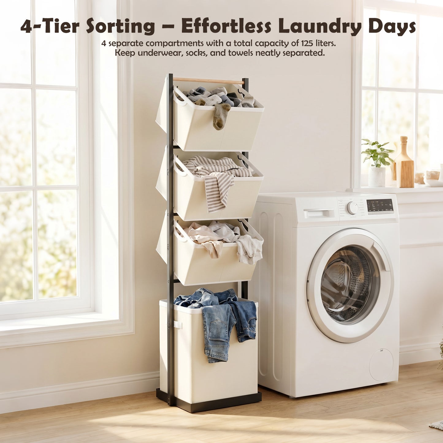 Laundry Hamper, Laundry Basket, 4 Tier Laundry Sorter, Metal Stackable Laundry Basket Organizer with Removable Basket and Removable Bags, 59"x12.6"x15.7" Clothes Organizer Basket, Beige