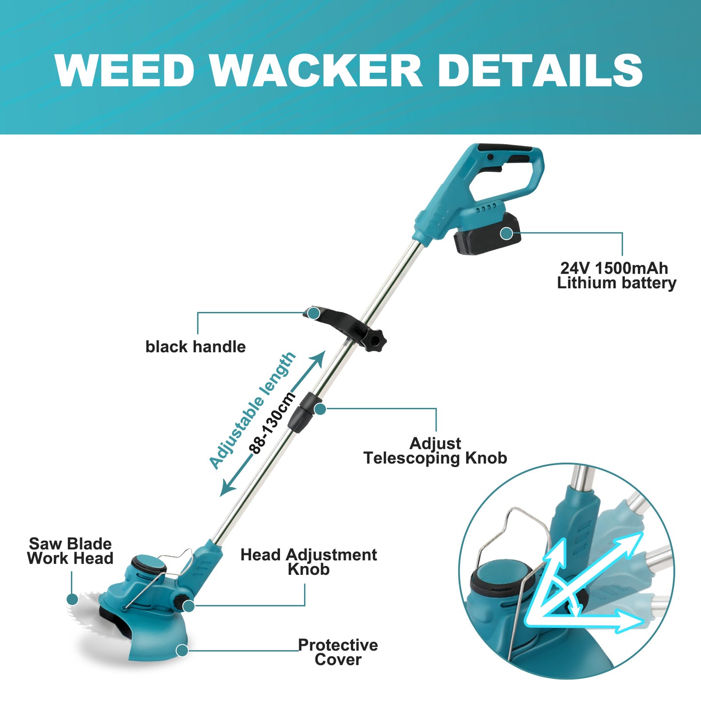 Electric Cordless Weed Eater,24V 850W Cordless Weed Wacker String Trimmer, Grass Trimmer with Rechargeable Battery, Blue