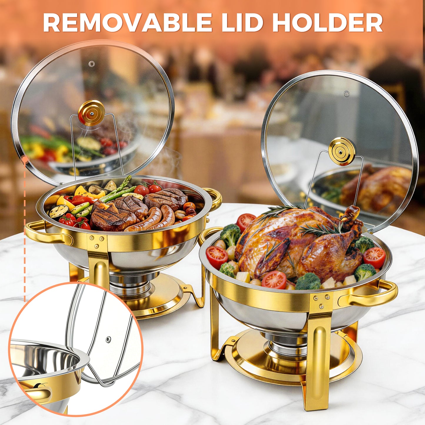 CATGOOD 6 Pack Chafing Dish Buffet Set, 6QT Stainless Steel Food Warmers with Glass Lids & Gold Stands, Buffet Servers & Chafer Set for Parties, Weddings, Catering, Home Banquet