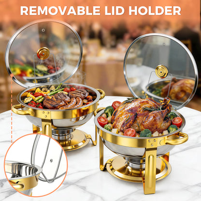CATGOOD 6 Pack Chafing Dish Buffet Set, 6QT Stainless Steel Food Warmers with Glass Lids & Gold Stands, Buffet Servers & Chafer Set for Parties, Weddings, Catering, Home Banquet