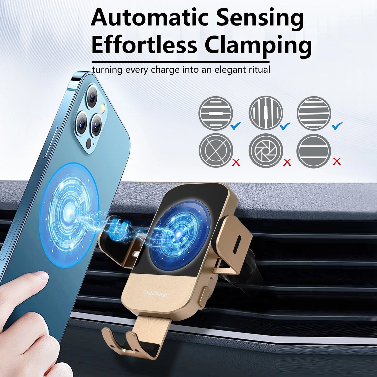 Wireless Car Charger, 15W Fast Charging Auto Clamping Phone Holders for Your Car Phone Mount for Car fit for iPhone 17 16 15 14 13 12 Pro Max 11 XR XS, Samsung Galaxy S25 Ultra S24 S23, Gold