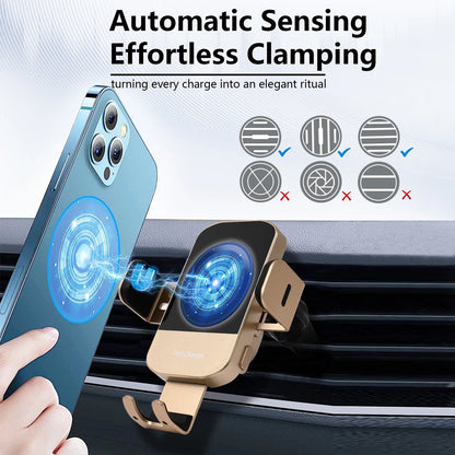 Wireless Car Charger, 15W Fast Charging Auto Clamping Phone Holders for Your Car Phone Mount for Car fit for iPhone 17 16 15 14 13 12 Pro Max 11 XR XS, Samsung Galaxy S25 Ultra S24 S23, Gold