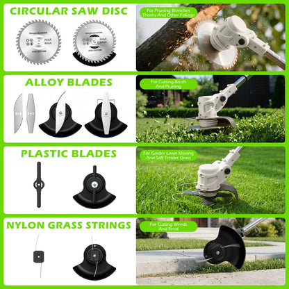 Weed Eaters, Cordless Weed Trimmer with Wheels, 2Pcs 4000mAh Batteries, Adjustable Length, 650W Grass Trimmer/Edger/Brush Cutter for Lawn Yard Garden Maintaining (White)