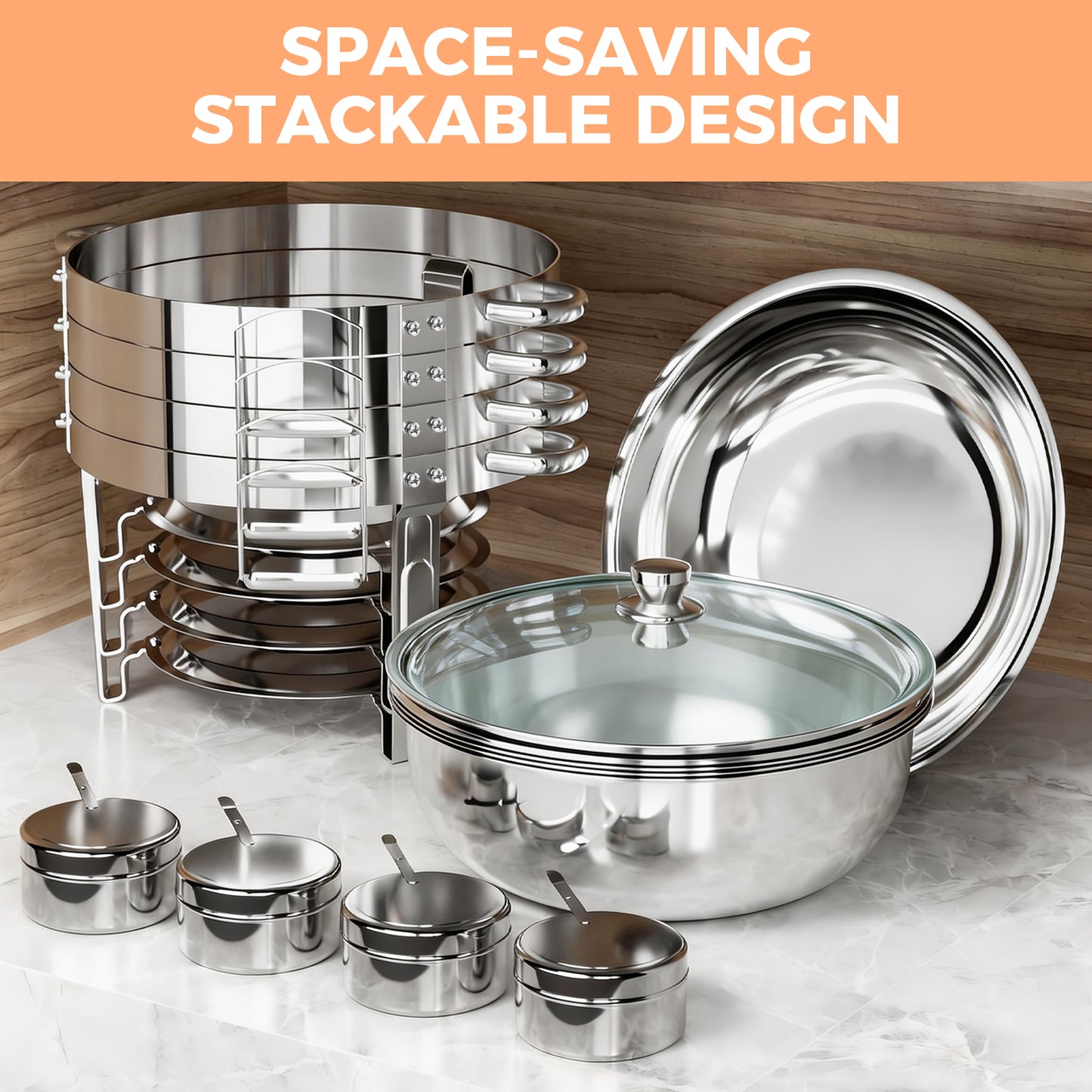 Chafing Dish Buffet Set, 5 Qt 4 Pack, Stainless Steel Chafer with 4 Full Size Pan, Round Catering Warmer Server with Glass Lid Water Pan Folding Stand Fuel Holder, for Wedding Party Banquet