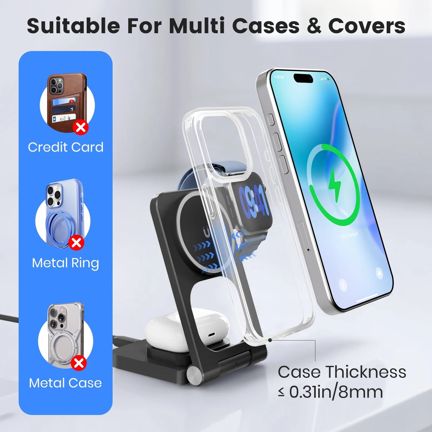 Magnetic Charging Station,3 in 1 Foldable Wireless Charger Compatible for iPhone 17/16/15/14/13/12 Plus Pro Max,Portable Charger Dock for iWatch & AirPods,Black