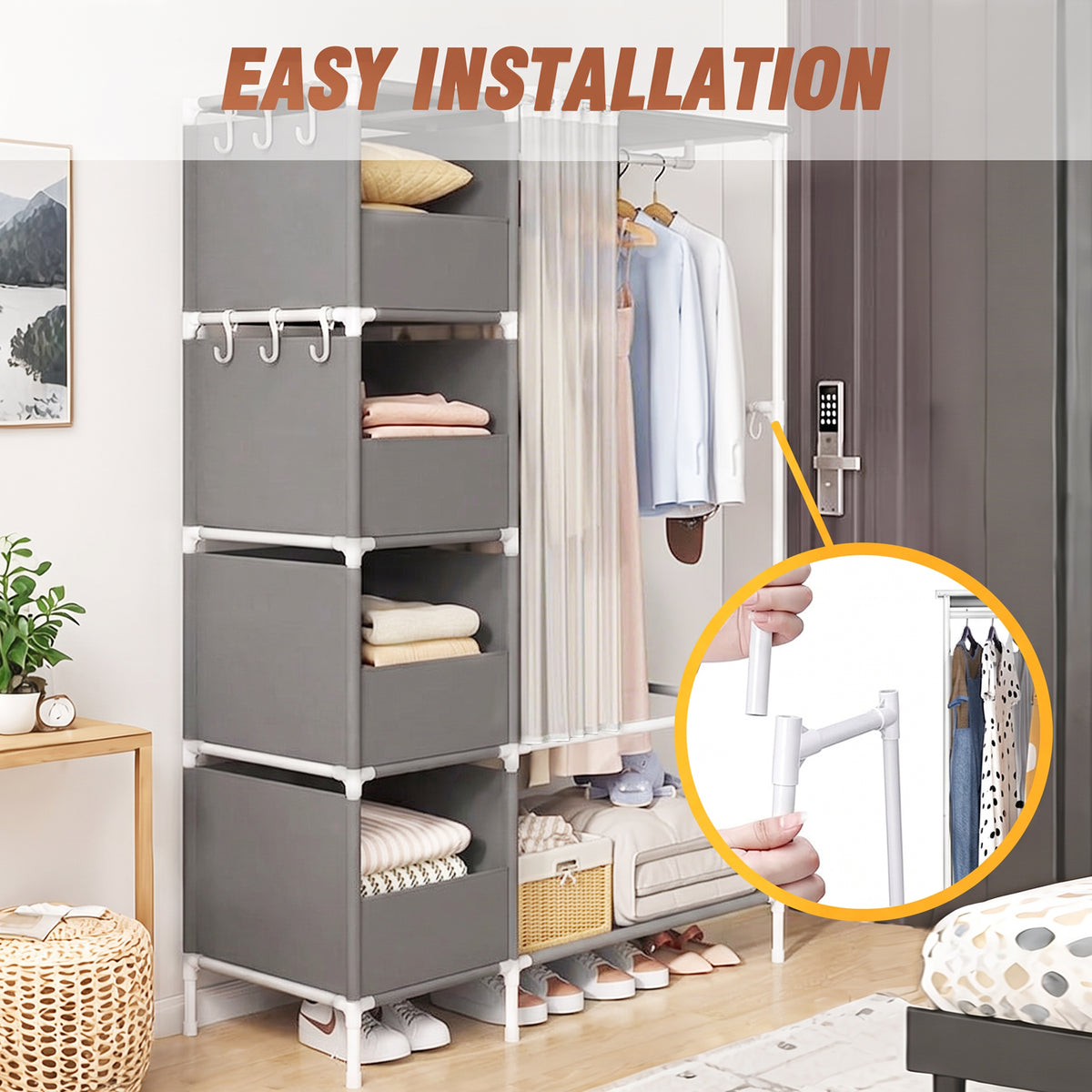 Clothes Rack, Portable Closet, Freestanding Closet Organizer with Curtain, 4 Tier Garment Rack for Bed Room, Gray
