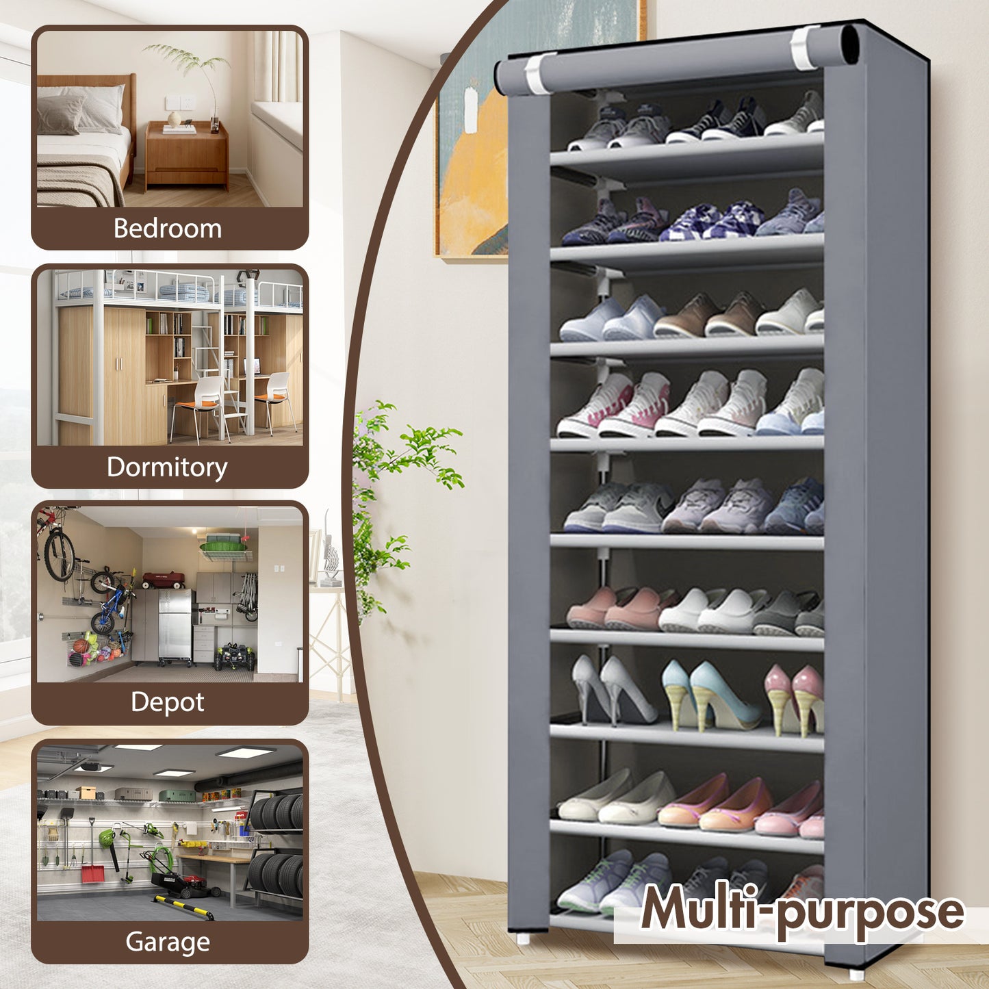 Portable Shoe Rack, 10-Tier 27 Paris Shoe Storage Cabinet with Cover, Non-Woven Fabric Shoe Storage Organizer, 9 Lattices Shoe Cabinet Tower Shelf Closet Silver Gray