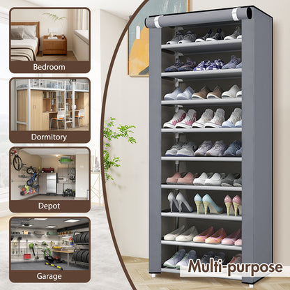 BAOKALER 10-Tier Tall Shoe Rack Shelf, 27 Pairs Closet Shoe Organizer Storage with Cover, 9 Lattices, Silver Gray