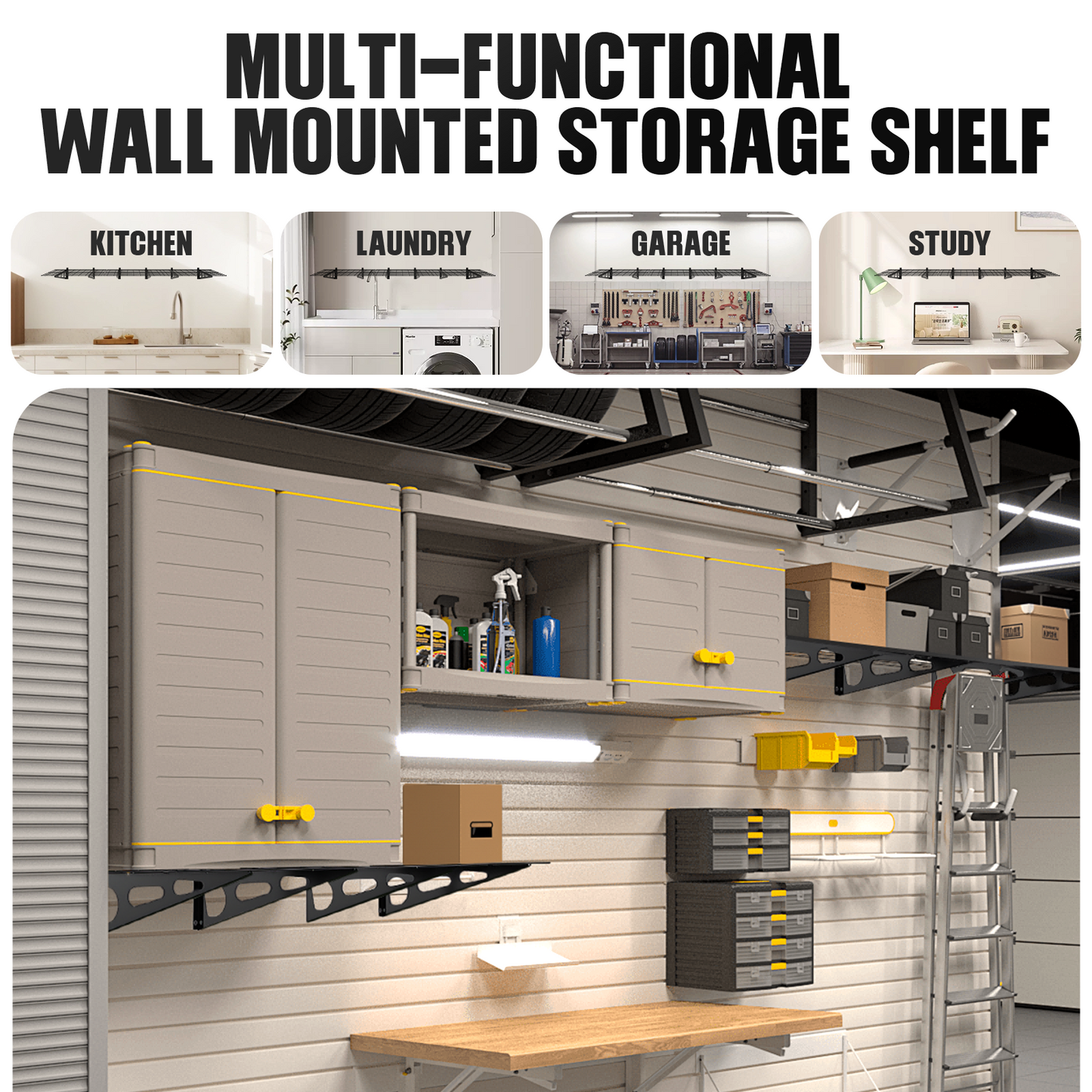 2x6ft Garage Shelving Wall Mounted, 72" x 24" Metal Garage Storage Rack, Industrial Floating Shelves with Wire Grids, 800 Lbs Weight Capacity, Black