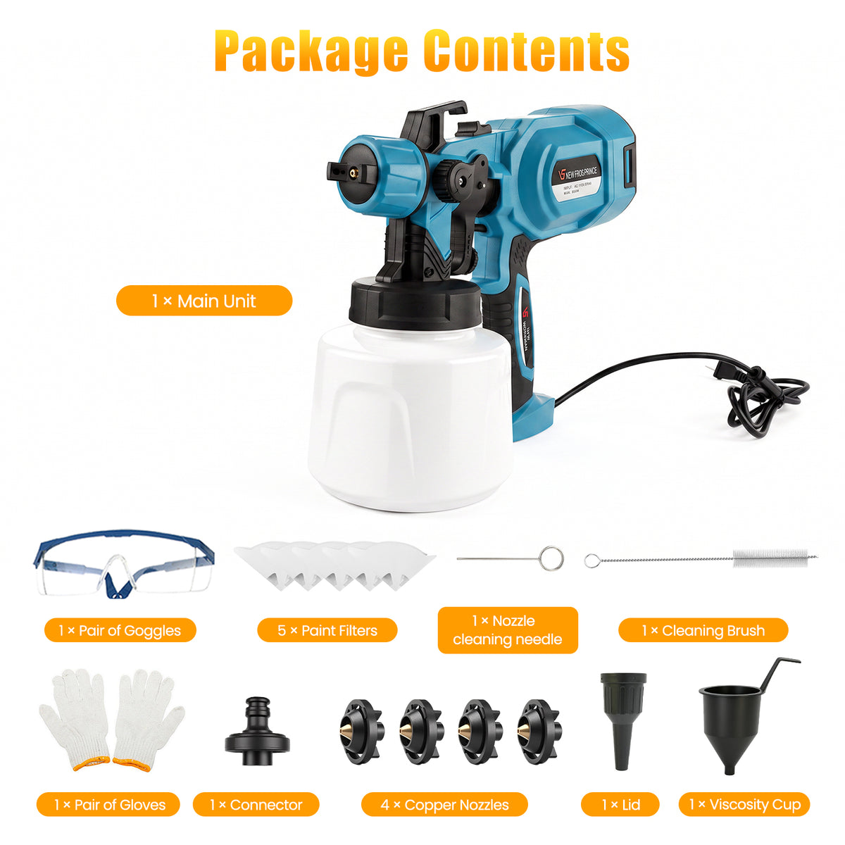 Baokaler Paint Sprayer, 1000W HVLP Electric Spray Gun with 1400ml Container, 4 Copper Nozzles & 3 Spray Patterns for Furniture, Cabinets, Walls, House Painting, Blue
