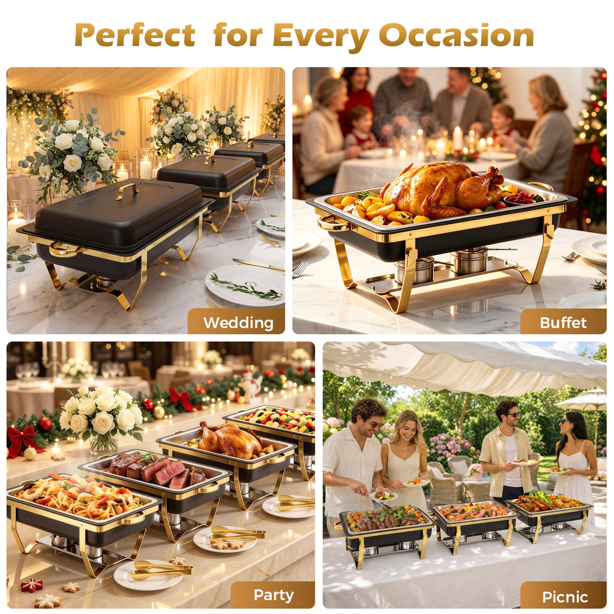 CATGOOD 9QT Chafing Dish Buffet Set 6 Pack, Black Gold Chafing Dishes, Stainless Steel Buffet Chafing Set with Space-Saving Design, Buffet Warmers for Parties, Catering Events