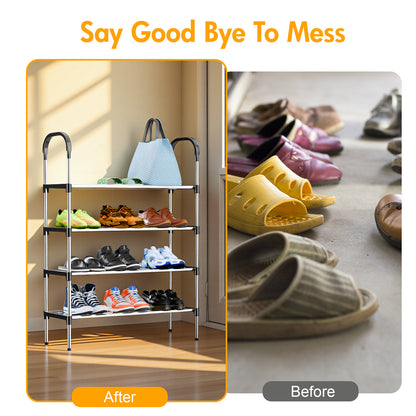 4-Tier Shoe Rack Organizer, Metal Shoe Storage Stand for Entryway, Hallways, Bedrooms, Bathrooms, Offices, and Living Rooms, Silver and Black