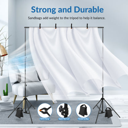 Backdrop Stand 10x7ft(WxH) Photo Studio Adjustable Background Stand Support Kit with 4 Backdrop Clamps, 2 Sandbags for Parties Events Decoration