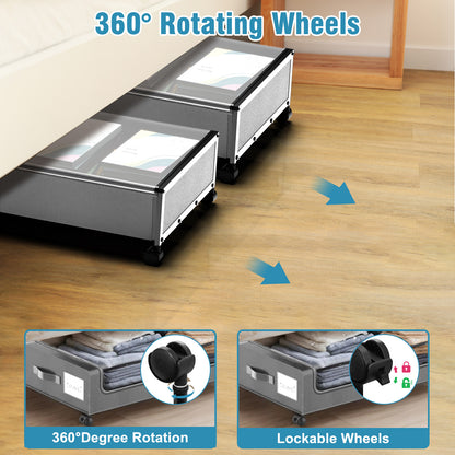 Underbed Storage Containers with Wheels, Under Bed Storage Bins With Lids, Large Capacity Metal Clothes Organizer for Bedroom, Storage Box for Clothing Shoes Blankets, Gray