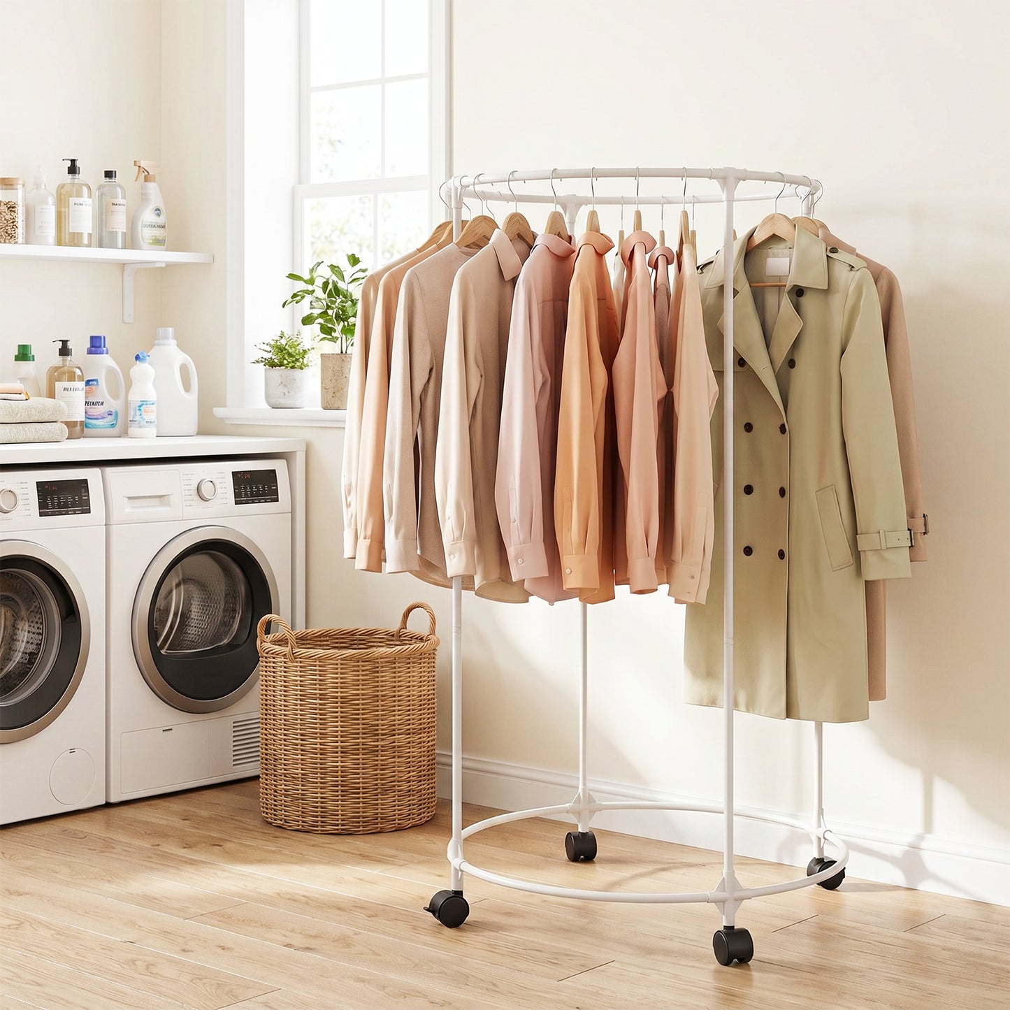Clothes Rack, Rolling Round Garment Rack with 4 Universal Wheels and Shelf, Floor-Standing Clothes Hanging Rack for Bedroom, White