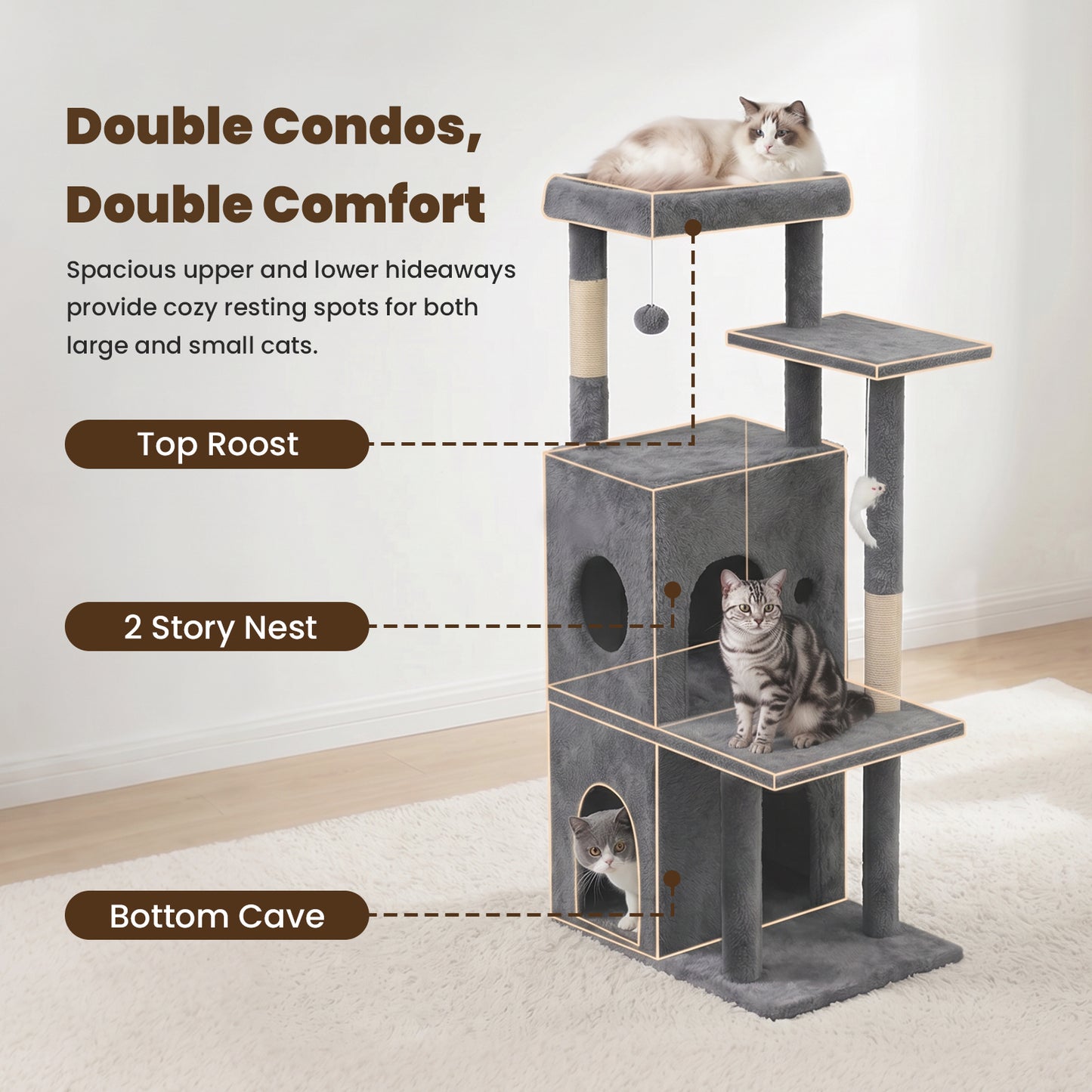 50-inch Cat Tree for Large Cats - Tall Cat Tree Tower with Sisal Scratching Posts & Dangling Toys for Indoor Cats , Dark Gray