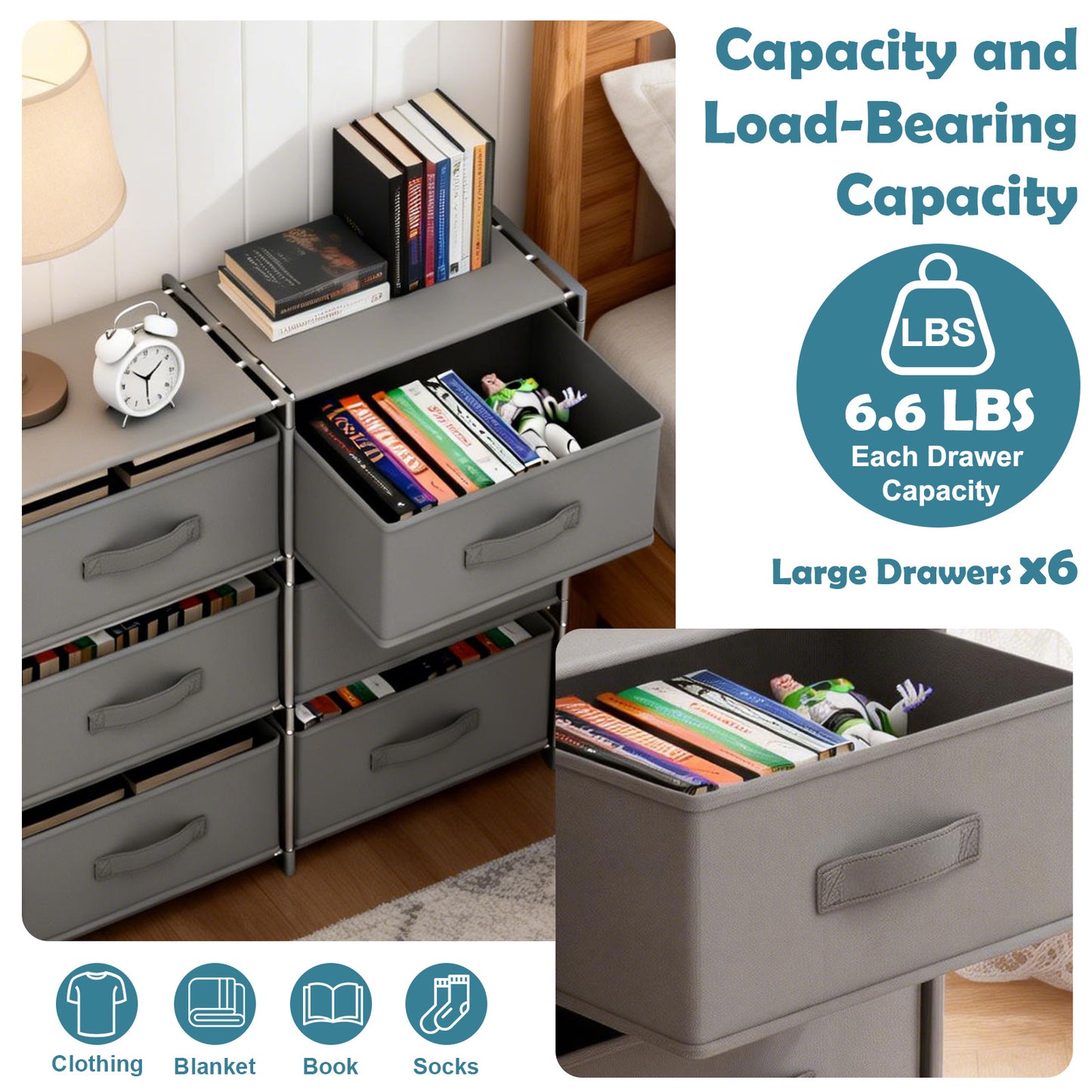 BAOKALER Clothes Drawer Dresser with 6 Drawers, Double Row Non-Woven Fabric Dresser for Bedroom, Hallway, Entryway, Closets, Sturdy Steel Frame, Wood Top, Gray