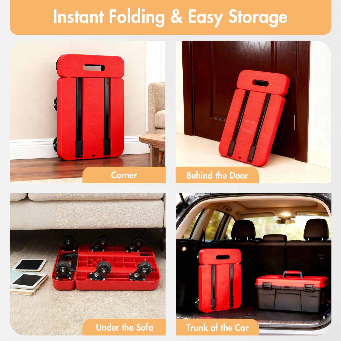 BAOKALER Folding Hand Truck, Heavy Duty Dolly Cart, Push Dolly Cart Foldable Platform with 6 Wheels, Red