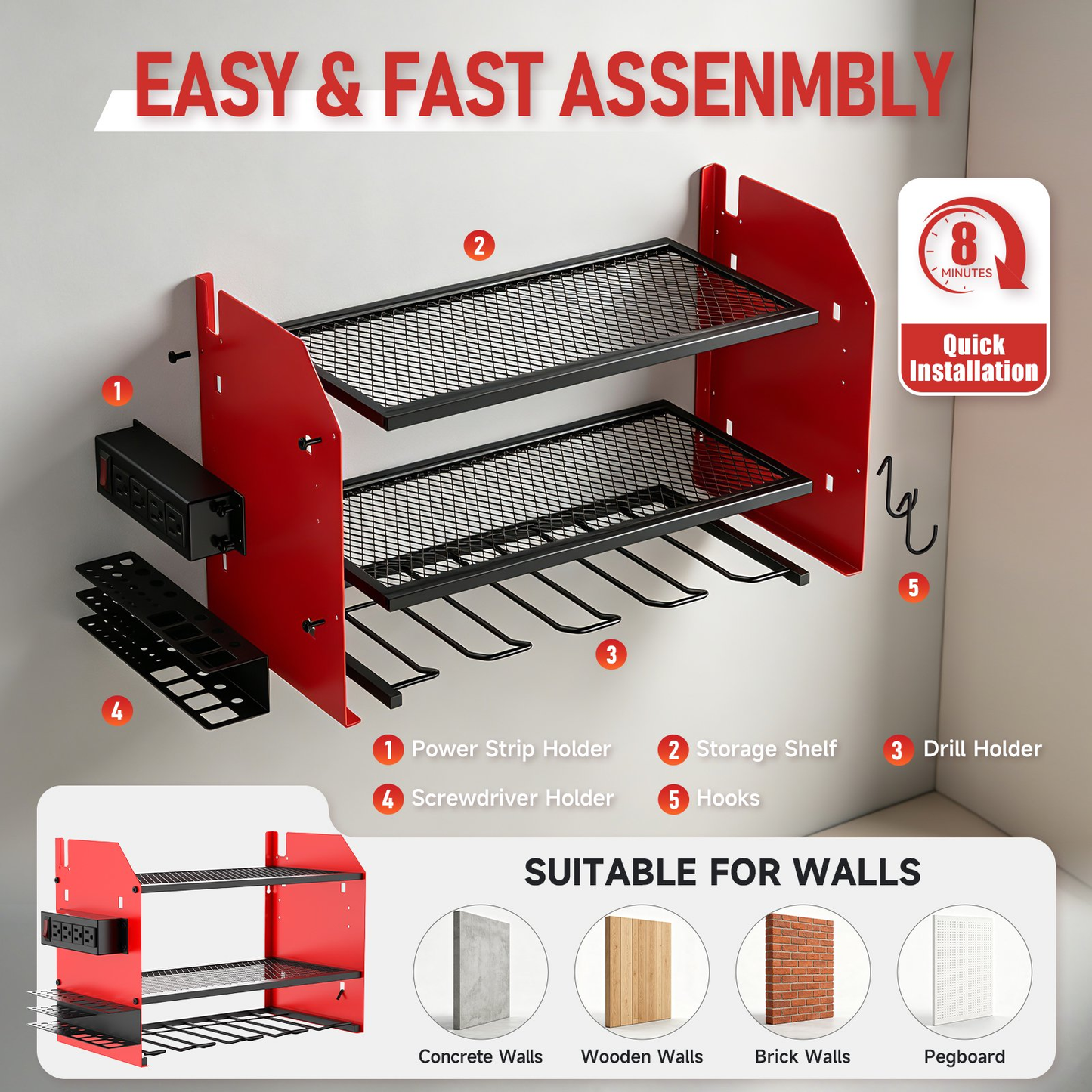 Power Tool Organizer Wall Mount with 4 Charging Station, 3 Layer Heavy Duty Metal Power Tool Storage Rack Loads 200lbs with 4 Cordless Drill Holder for Garage(Red)