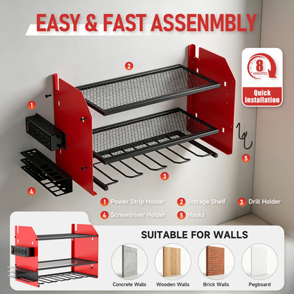 Power Tool Organizer Wall Mount with 4 Charging Station, 3 Layer Heavy Duty Metal Power Tool Storage Rack Loads 200lbs with 4 Cordless Drill Holder for Garage(Red)