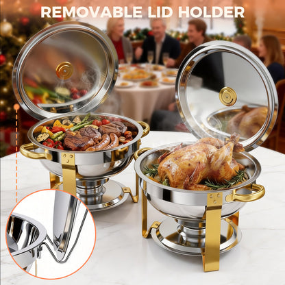 Chafing Dish Buffet Set with 4 Food Tongs, 6 QT Stainless Steel Chafing Dishes Round Buffet Food Warmer Chafers Set for Parties Catering Event, Lid Holder 4PCS