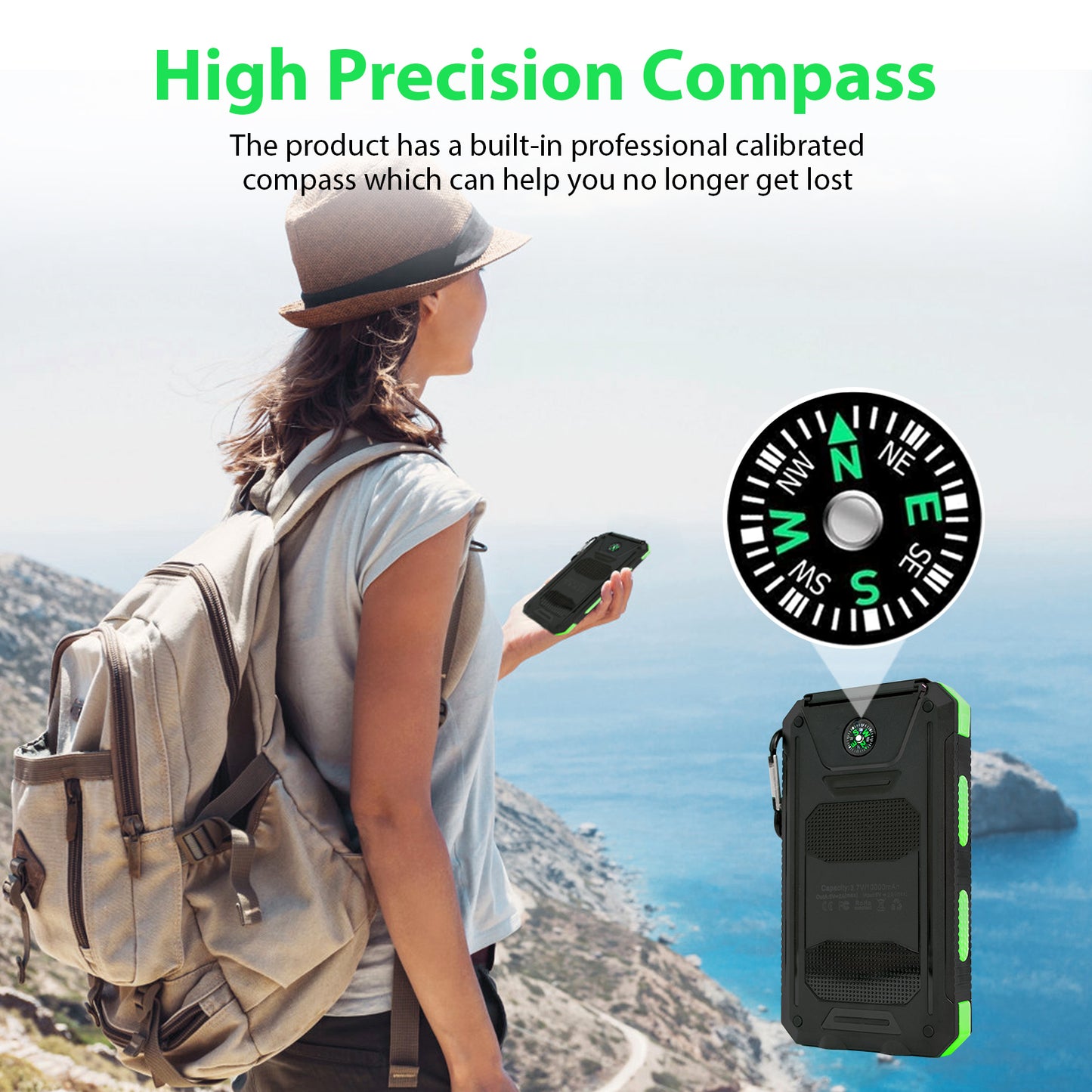 2PK BAOKALER 30000mAh Solar Charger for Cell Phone iPhone, Portable Solar Power Bank with Dual 5V USB Ports, 2 Led Light Flashlight, Compass Battery Pack for Outdoor Camping Hiking(Green)
